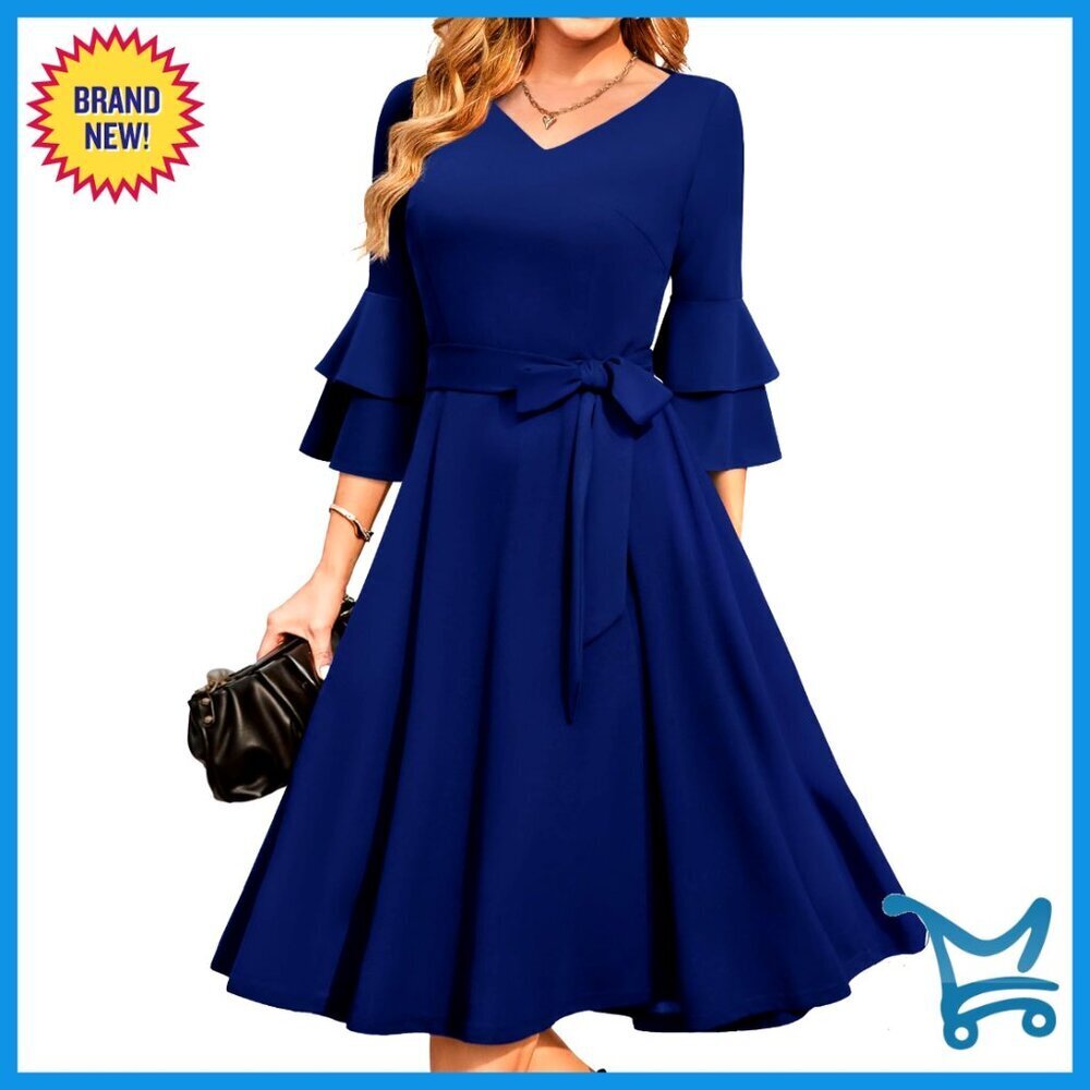 A-Line Midi Cocktail Dress Elegant Formal Wedding Guest Bell Sleeves